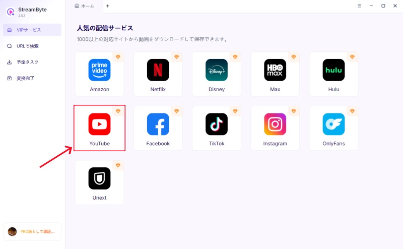 「YouTube」を選択