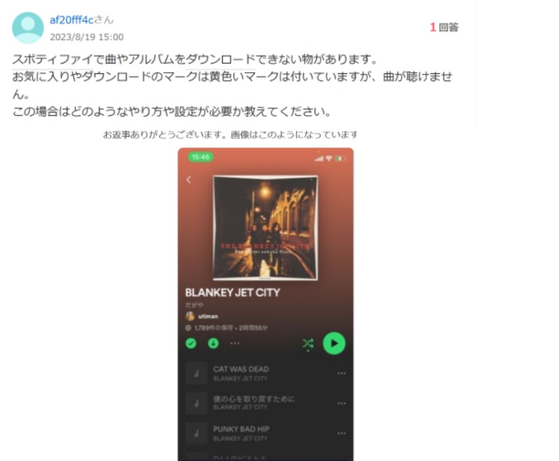 Yahoo!知恵袋のSpotifyで曲をダウンロードできない質問