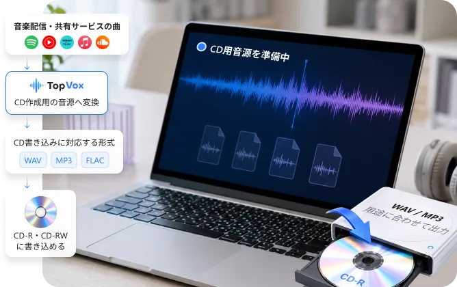 配信サービスの曲をCD用音源に変換するイメージ